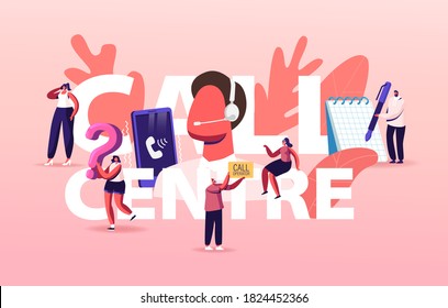 Hotline Service, Call Center Concept. Staff Characters in Headset Chatting with Customers. Technical Support Specialist Solve Client Problems Online Poster Banner. Cartoon People Vector Illustration