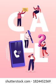 Servicio de línea directa, concepto de centro de llamadas. Caracteres de personal en conversaciones con auriculares con clientes. El especialista en asistencia técnica resuelve los problemas del cliente en el cartel de póster en línea. Ilustración de vectores de personas de caricatura