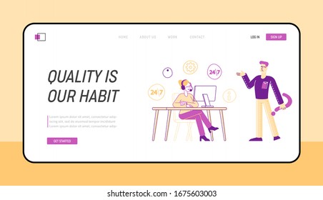 Hotline Service, Call Center Landing Page Template. Staff Character Chatting with Customer on Computer. Technical Support Specialist Solve Client Problems Online. Linear People Vector Illustration