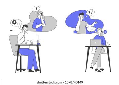 Hotline Service. Call Center Staff in Headset Chatting with Customers on Computer and Phone. Technical Support Specialist Solve Client Problems Online. Cartoon Flat Vector Illustration, Line Art