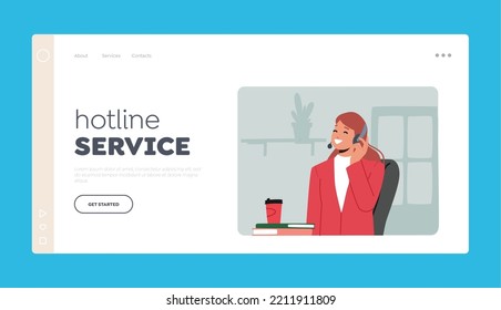 Hotline Service, Customer Support Landing Page Template. Technical Receptionist Female Character Chat with Clients. Girl in Headset Hotline Consultant in Call Center. Cartoon Vector Illustration