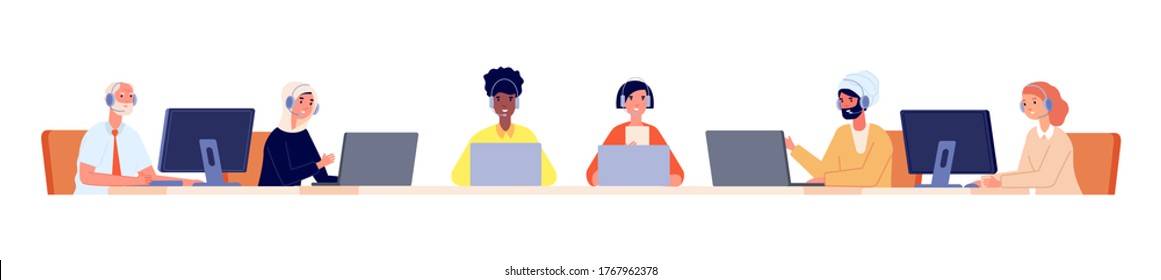 Hotline service. Customer support team, call center business office operators in headset. Multicultural staff helpdesk vector illustration