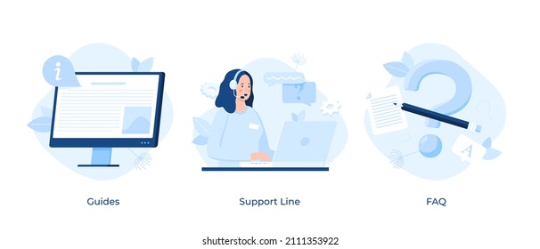 Hotline service and FAQ collection - technical support or call center worker wearing headset, computer with guide information, question mark and pencil. Modern flat vector illustrations for banner.