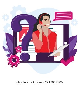 Servicio de línea directa en línea, ayuda en la red, búsqueda de ayuda y ayuda, operador de dibujos animados, apoyo profesional en línea. Ilustración del vector