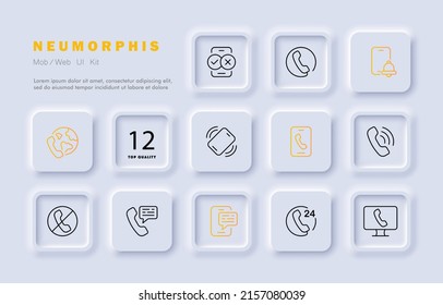 Hotline set icon. Calls around the clock, all over the planet, help, alarm clock, reminder, missed, correspondence, message. Support concept. Neomorphism style. Vector line icon for Business