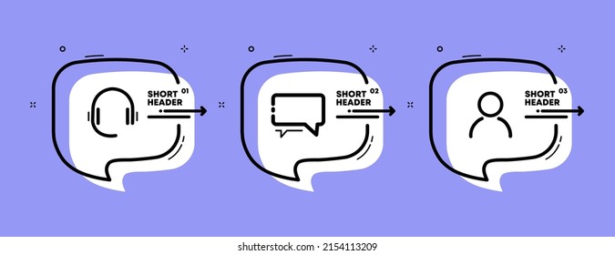 Hotline set icon. Headphones, microphone, chat, correspondence, operator. Support concept. Infographic timeline with icons and 3 steps. Vector line icon for Business and Advertising