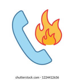 Hotline support color icon. Fire emergency call. Handset with fire. Isolated vector illustration