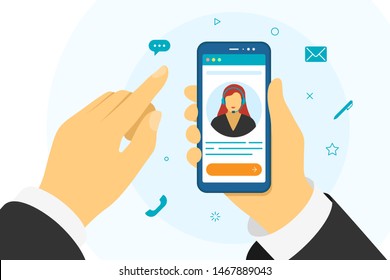 Hotline support concept. Hand holding smartphone with online female assistant in headset avatar. Call center and communication technologies customer service woman vector illustration