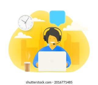 Concepto de apoyo de línea directa. Mujer trabajando con la gente. Ilustración linda de estilo 3d
