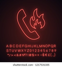 Hotline support neon light icon. Fire emergency call. Handset with fire. Glowing sign with alphabet, numbers and symbols. Vector isolated illustration