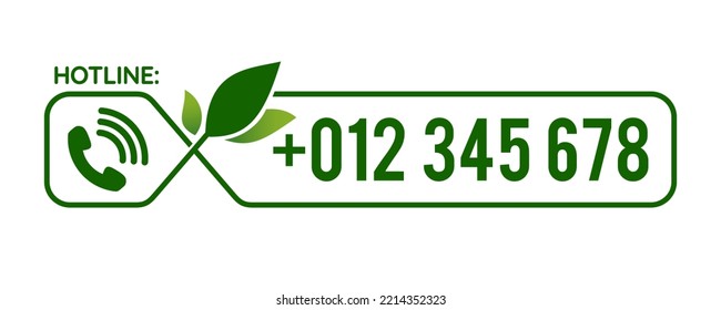 Hotline Support Service call number design with green leaf. green vector illustration