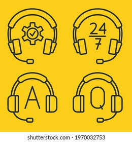 Hotline support service with headphones. Concept of consultation, telemarketing, assistance, call center, virtual help service. Help and Support hotline buttons. Headset icons. Editable stroke. Vector