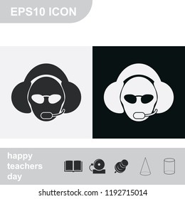 Hotline support service with headphones flat black and white vector icon.
