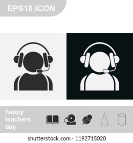 Hotline support service with headphones flat black and white vector icon.