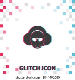 Hotline support service with headphones  glitch effect vector icon.