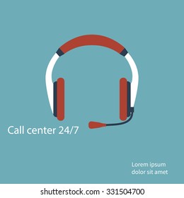 hotline support service with headphones. Support and help around the clock . Flat design. Vector illustration