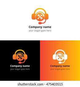 Hotline support service icon, logo. Logotype technical center support help with headphones. Vector concept of consultation, telemarketing, consultant, secretary. Help flat logo with gradient.