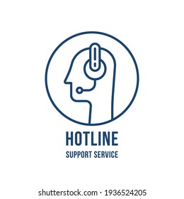 hotline or support service with thin line head. linear stroke logotype graphic lineart design isolated on white. concept of business counselor or virtual assistant or technical receptionist with mic