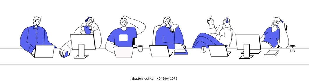 Hotline team of consultants helps clients. Helpdesk operators in headset work with customers by phone. Workers of online support service, call center. Flat isolated vector illustration on white