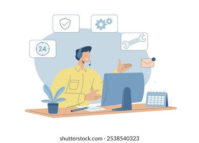 Hotline, Technical support or customer service, Call center representative, Online customer consultation or feedback, A male employee wearing headphones helps serve customers. Vector design.
