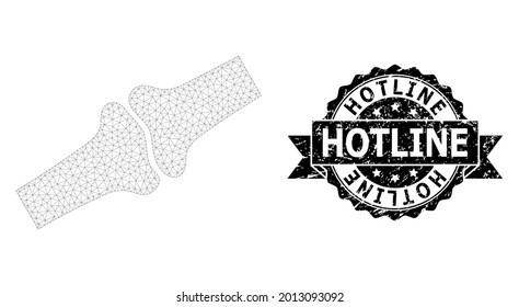 Hotline textured seal print and vector bone joint mesh structure. Black stamp includes Hotline title inside ribbon and rosette. Abstract flat mesh bone joint, created from flat mesh.