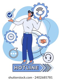 Ilustración vectorial de línea directa. Conectarse con nuestra línea de ayuda empresarial para realizar consultas de alta calidad sobre cualquier asunto Navegar por Internet con facilidad, guiado por nuestro centro de asistencia El centro de llamadas hace eco
