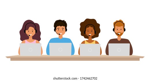 Hotline-Mitarbeiter mit Headsets. Vector Illustration des Call Center Konzepts. Junge Männer und Frauen sitzen am Tisch am Laptop.