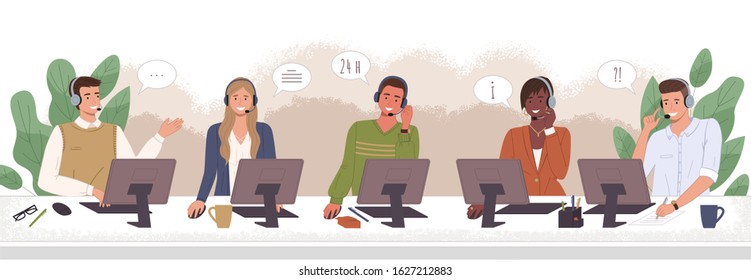 Hotline workers wearing headsets, customers services and communication vector. Call center agents in headphones with microphone at computer. Delivery and shipping operator, helpline or hotline center