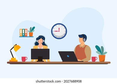 Hotline workers wearing headsets, customers services and communication vector.