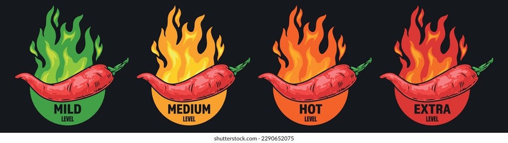 Hotness scale colorful set label with red chili pepper and fire with caption for Mexican restaurant menu vector illustration