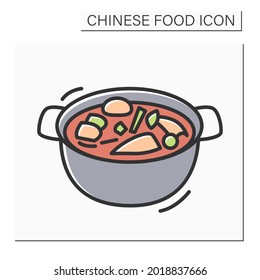 Hotpot color icon. Traditional Chinese cuisine meat broth soup or vegetable stew. Concept of table side cooked Asian dishes and tasty lunch. Isolated vector illustration