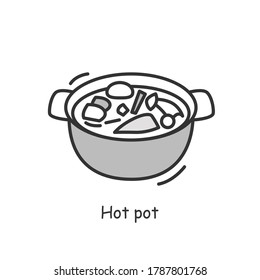 Hotpot icon. Traditional Chinese cuisine meat broth soup or vegetable stew linear pictogram. Concept of table side cooked Asian dishes and tasty lunch. Editable stroke vector illustration