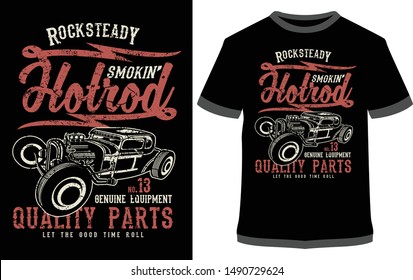 Hotrod Cars Rocksteady Garage Custom Classic Gear Retro vector graphic typographic poster. Vintage motorcycle label, badge, logo, icon or t-shirt