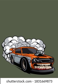 hotrod cartoon character with exhaust fumes