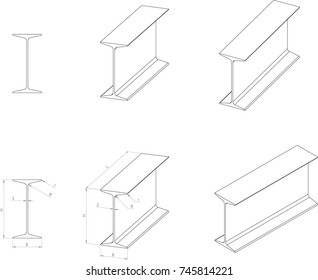 Hot-rolled standard beam (I-beam) - vector drawing. Sections and isometric views, with and without sizes