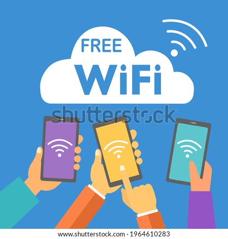 Hotspot access. Wireless internet connection free wifi with mobile phone. People online via smartphone.