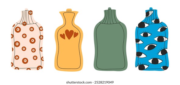 Conjunto de ilustraciones de dibujo a mano de Vector de botella de agua caliente. Botella caliente colorida divertida. 