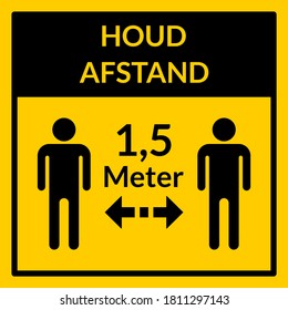 Houd Afstand 1,5 Meter ("Mantenga su distancia 1,5 Metros" en holandés) Icono de instrucción de distancia social cuadrada. Imagen vectorial.