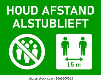 Houd Afstand Alstublieft ("Por favor, mantén tu distancia" en holandés) Icono de Instrucción de 1,5 m ó 1,5 m contra la propagación de Coronavirus Covid-19. Imagen vectorial.