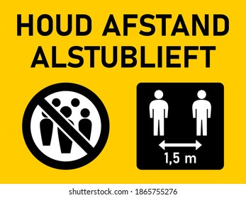 Houd Afstand Alstublieft ("Please Keep Your Distance" in Dutch) Social Distancing 1,5 m or 1,5 Meters Instruction Icon against the Spread of Coronavirus Covid-19. Vector Image.