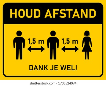 Houd Afstand Dank Je Wel ("Keep Your Distance Gracias" en holandés) Signo de instrucción horizontal de distanciamiento social de 1,5 m ó 1,5 m con una relación de aspecto de 4:3. Imagen vectorial. 