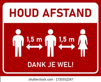 Houd Afstand Dank Je Wel ("Keep Your Distance Gracias" en holandés) Signo de instrucción horizontal de distanciamiento social de 1,5 m ó 1,5 m con una relación de aspecto de 4:3. Imagen vectorial. 