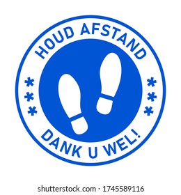 Houd Afstand Dank U Wel ("Keep Your Distance Gracias" en holandés) Icono de marcación del suelo de distanciamiento social redondo con huellas de zapatos para la línea de cola. Imagen vectorial.