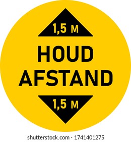 Houd Afstand ("Mantenga su distancia" en holandés) 1,5 m ó 1,5 m de distancia social redondeada Icono de marcación de la marca del suelo con signo de cabeza de texto y flecha para línea de cola. Imagen vectorial.