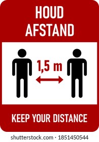 Houd afstand ("Keep Your Distance in Spanish) 1,5 m or 1,5 Meters Vertical Bilingual Dutch-English Social Distancing Icon with an Aspect Ratio of 3:4. Vector Image.