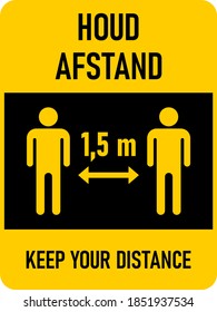 Houd afstand ("Keep Your Distance in Spanish) 1,5 m or 1,5 Meters Vertical Bilingual Dutch-English Social Distancing Icon with an Aspect Ratio of 3:4. Vector Image.