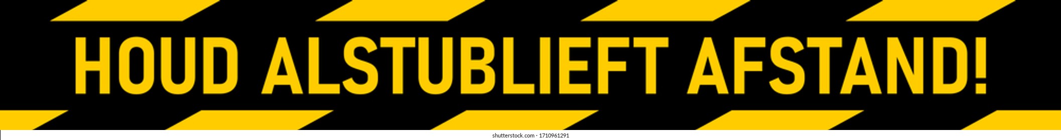 Houd Alstublieft Afstand ("Please Keep Distance" in Dutch) Black & Yellow Floor Marking Stripe Social Distancing Instruction Icon. Vector Image.