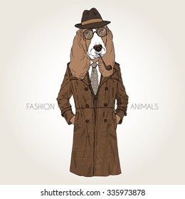 hound dog dressed up in coat and fedora hat, fashion animal illustration