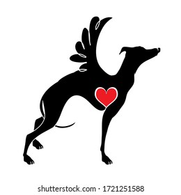 Hound dog with wings vector illustrations drawn by hand. Original flat image of a hound with a heart.