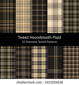 Hounds tooth check plaid pattern set. Tweed texture tartan plaid in dark grey and gold for skirt, jacket, dress, coat, or other modern fabric design.